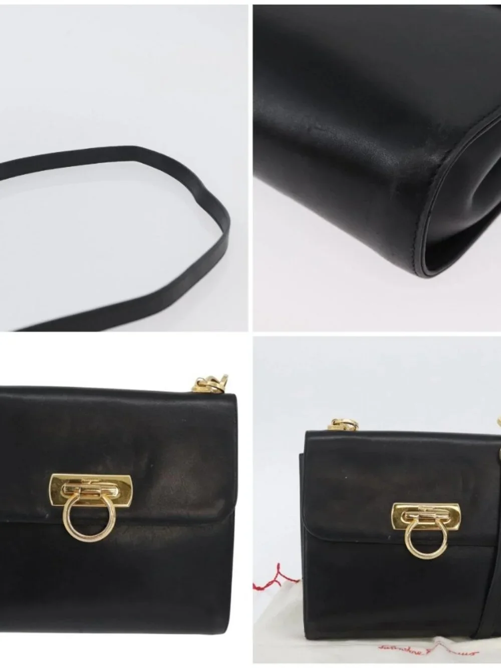 Salvatore Ferragamo Gancini Shoulder Bag Leather Black Gold Auth LNZ598